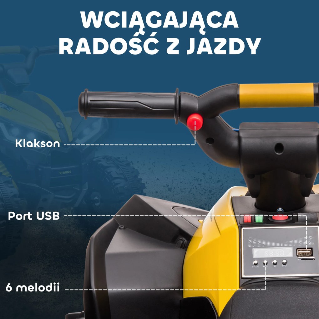 HOMCOM Elektryczny Quad dla Dzieci, Światła LED, Odtwarzacz MP3, Amortyzatory, Ergonomiczne Siedzisko, Żółty+Czarny