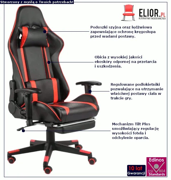Czarno-czerwony fotel gamingowy z podnóżkiem - Epic Egra