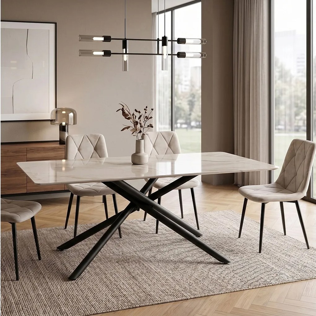 Stół ceramiczny efekt Calacatta z nogami X, 160 cm – MACINAGGIO