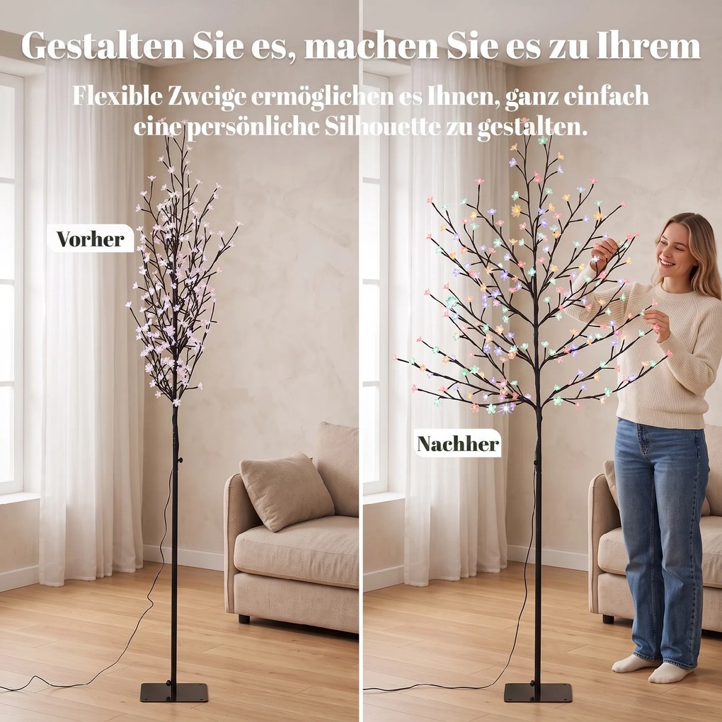 HOMCOM Drzewko kwitnącej wiśni LED 180 cm z 200 LED, sztuczne świecące drzewko z 20 giętkimi gałązkami, dekoracja świąteczna | Aosom PL