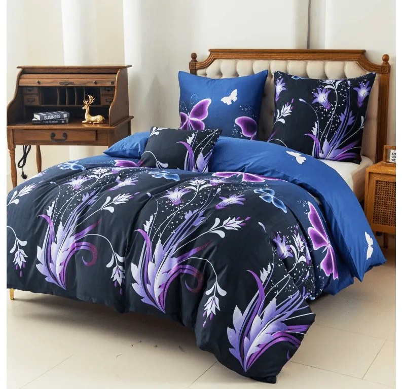 PrzytulneMieszkanie.pl PrzytulneMieszkanie.pl Pościel z mikrowłókna VIOLET BUTTERFLY ciemnoniebieska Rozmiar pościeli: 70 x 90 cm | 140 x 220 cm