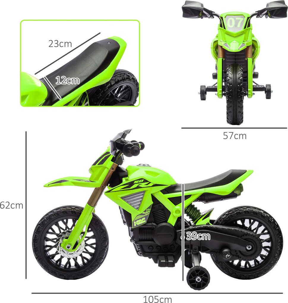 AIYAPLAY motocykl elektryczny dla dzieci 3-8 lat z kółkami pomocniczymi klaksonem dźwiękiem startu zielony mały średni duży motocykl | Aosom PL