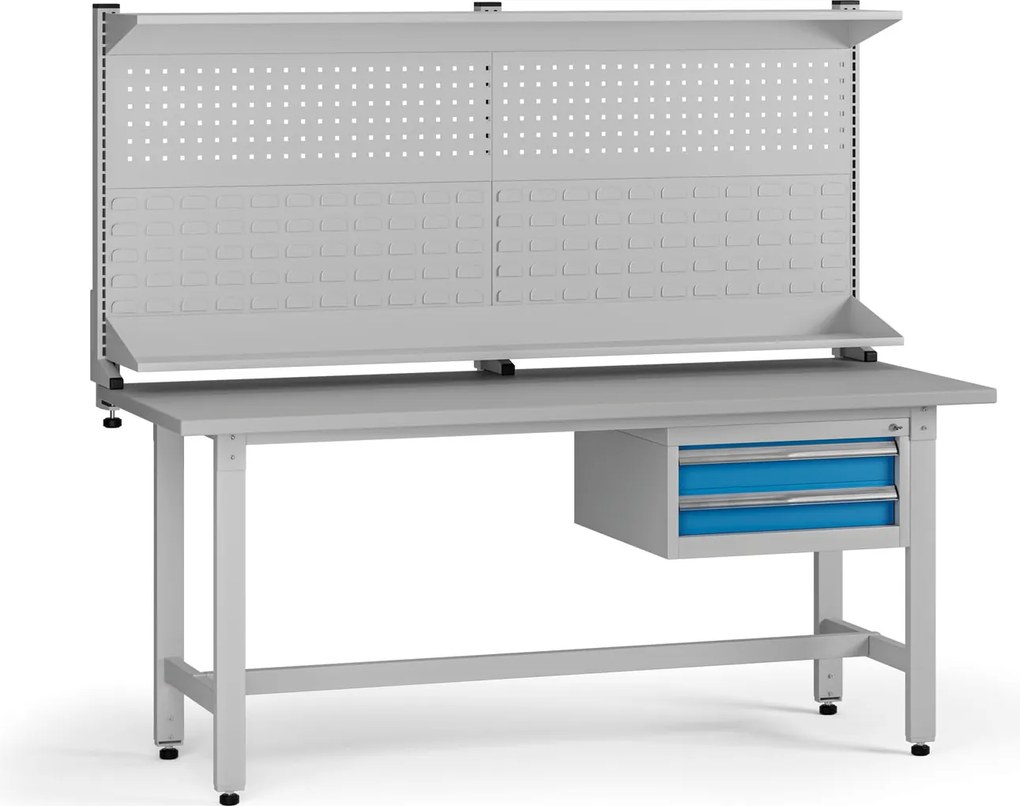 Stół warsztatowy z regulacją wysokości G5 z panelem, 1800 x 750 x 800-1000 mm, 1x kontener, 2x szuflada, niebieski