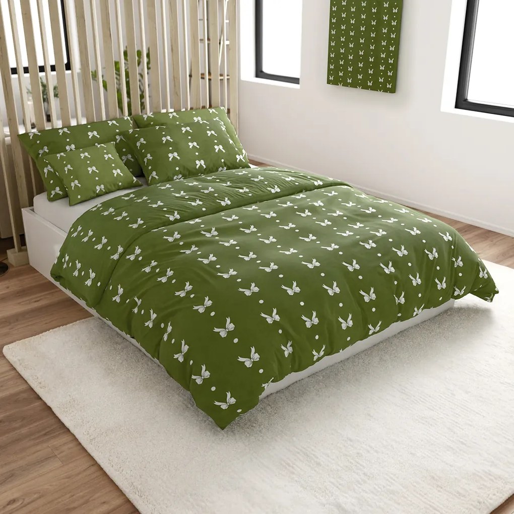 PrzytulneMieszkanie.pl PrzytulneMieszkanie.pl Pościel z mikroflanelu WHITE BOW zielona Rozmiar pościeli: 70 x 90 cm | 140 x 220 cm