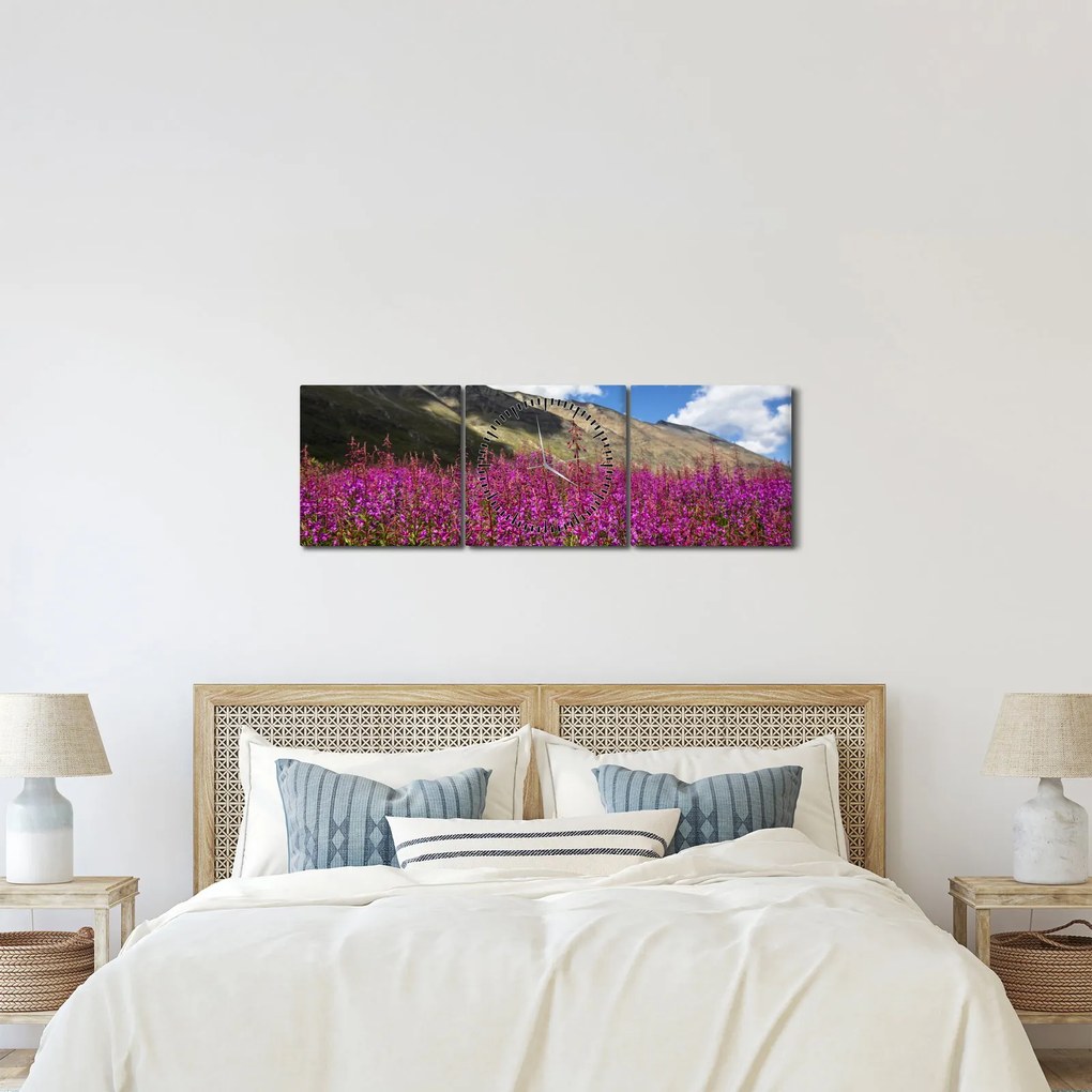 Obraz scenerii łąki górskiej (z zegarem) (90x30 cm)