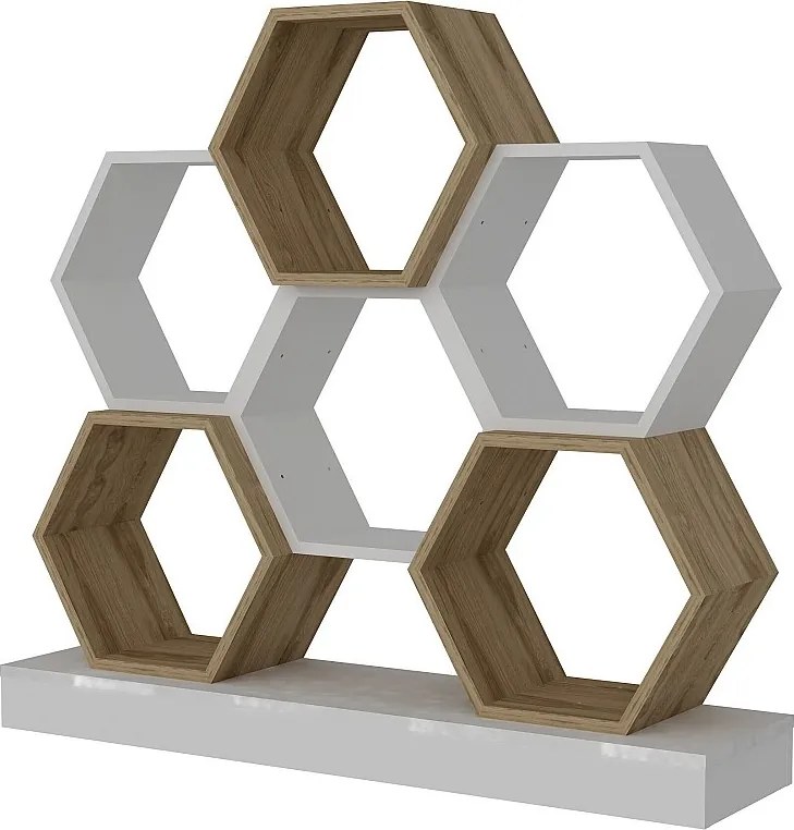 Nowoczesny regał w kolorze białym i dębowym, 120 x 29,5 x 109 cm | Płyta wiórowa pokryta melaminą w 100%, grubość 18 mm | Stylowe miejsce do