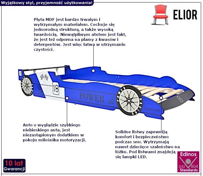 Niebieskie łóżko dziecięce auto z lampkami LED 90x200 - Orfeo