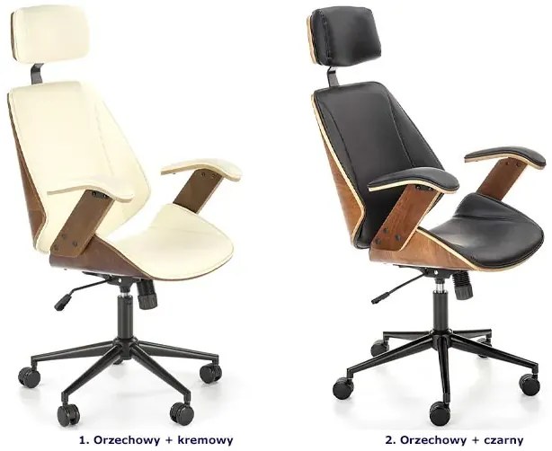 Designerski obrotowy fotel tapicerowany orzech + kremowy - Hano