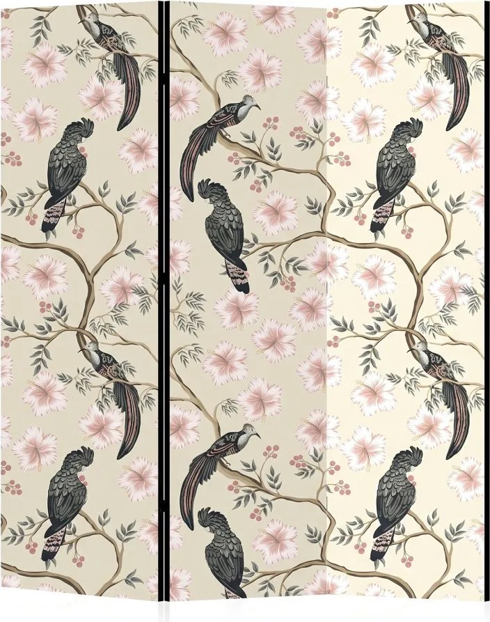 Parawan pokojowy 3-częściowy 135x172 Dwustronny dekoracyjny chinoiserie vintage Kremowy Tukany W Hibiskusach