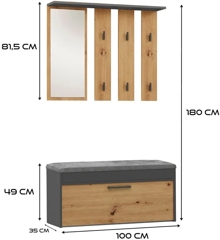 Garderoba z lustrem na korytarz dąb artisan + antracyt S3-T33