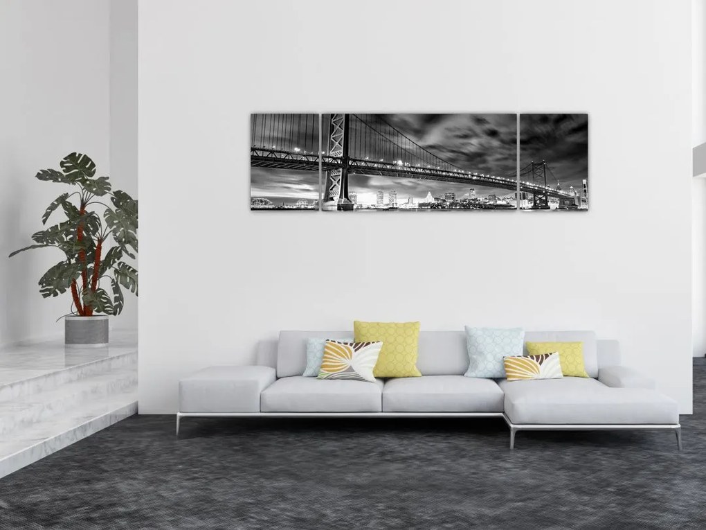 Obraz - Most Benjamina Franklina, Filadelfia, czarno  -biały (170x50 cm)