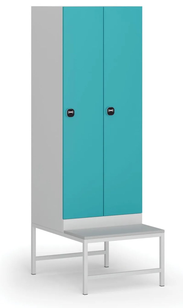 Szafka ubraniowa z ławką, 2-drzwiowa, 1875 x 600 x 500/800 mm, demontaż, zamek RFID, drzwi zielone