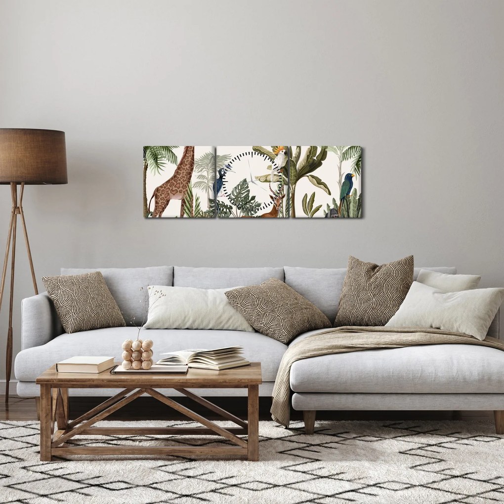 Obraz - Dżungla pełna zwierząt (z zegarem) (90x30 cm)