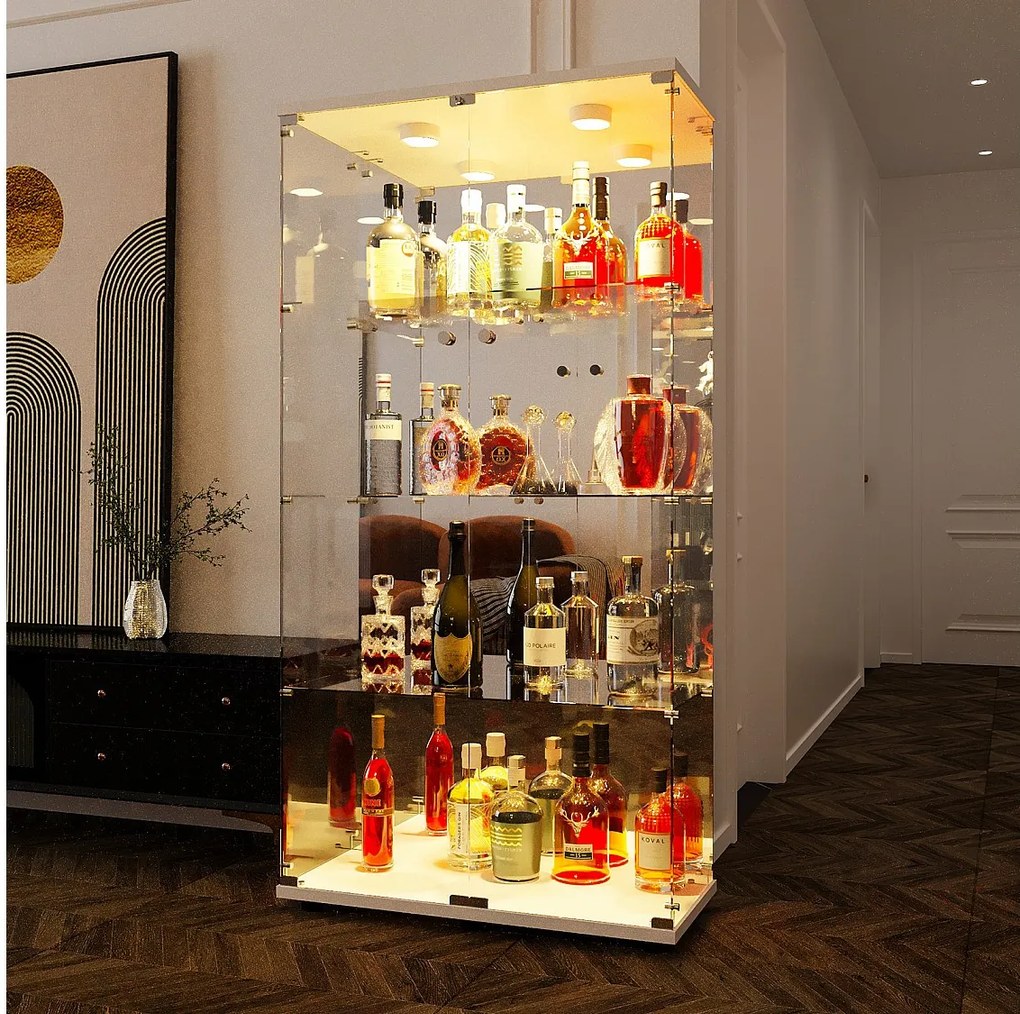 Witryna szklana z 4 półkami, 2-drzwiowa witryna z oświetleniem i zamkiem, biała