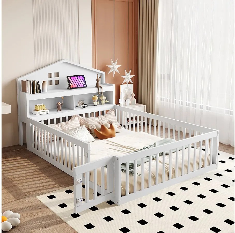 Łóżko dziecięce 140 x 200 z kratką ochronną i drzwiczkami - Drewno lite - Półki i przechowywanie - Białe