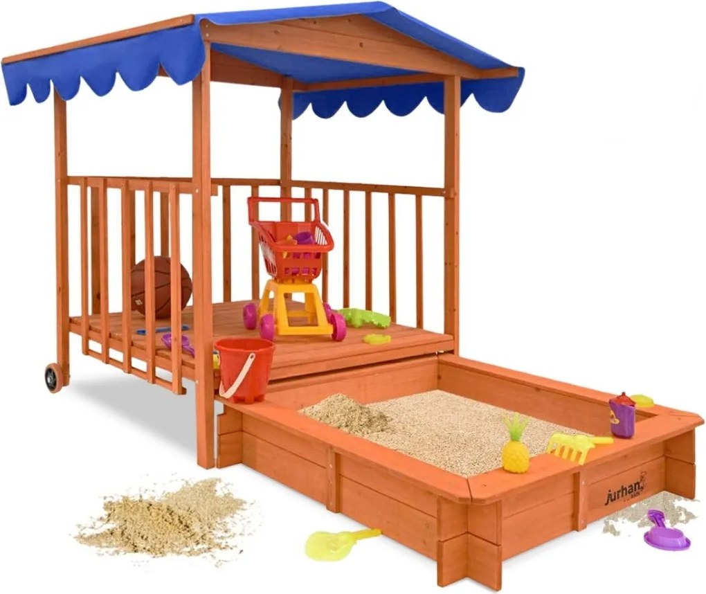 Piaskownica z werandą HAPPY, 130x130x143cm, brązowa/niebieska Jurhan