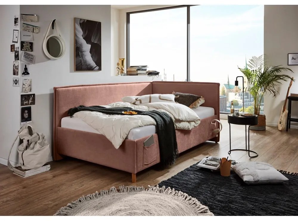 Różowe tapicerowane narożne łóżko dziecięce bez stelaża 90x200 cm Fun – Meise Möbel