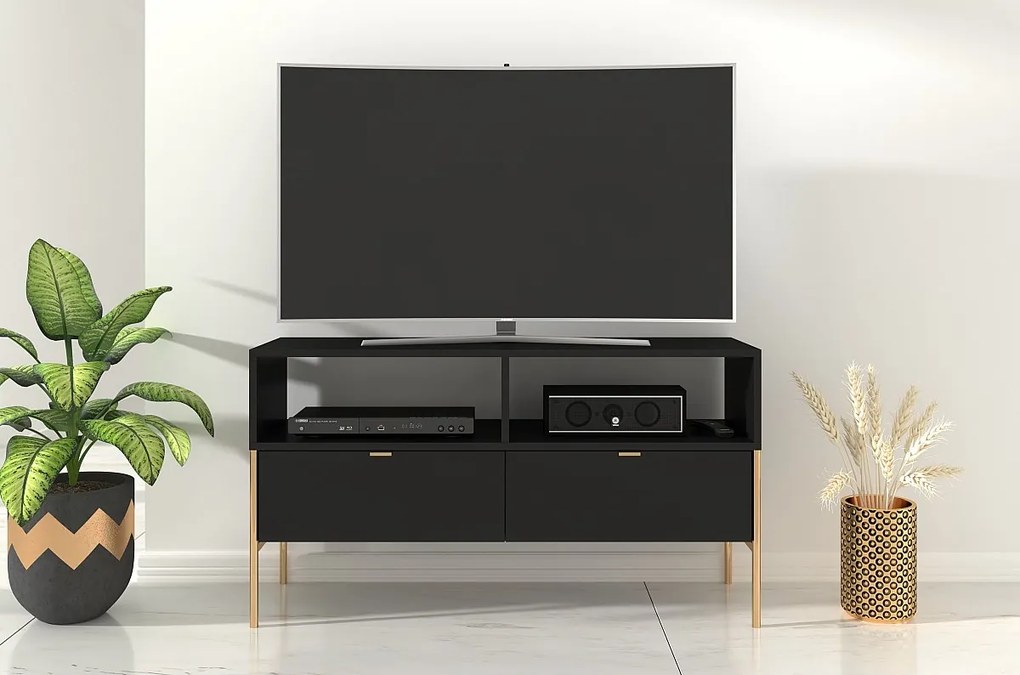 Czarna komoda RTV Skandica POLKA na złotych nóżkach