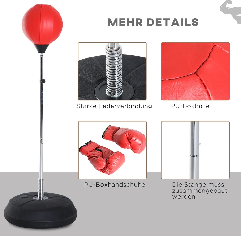 HOMCOM Zestaw bokserski z regulowanym workiem treningowym, w zestawie rękawice, 126-144cm, Czerwony