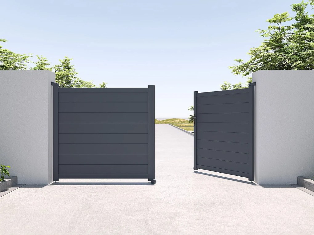 Brama elektryczna rozwierna pełna z antracytowego aluminium szer. 305 x wys. 150 cm - NAZARIO