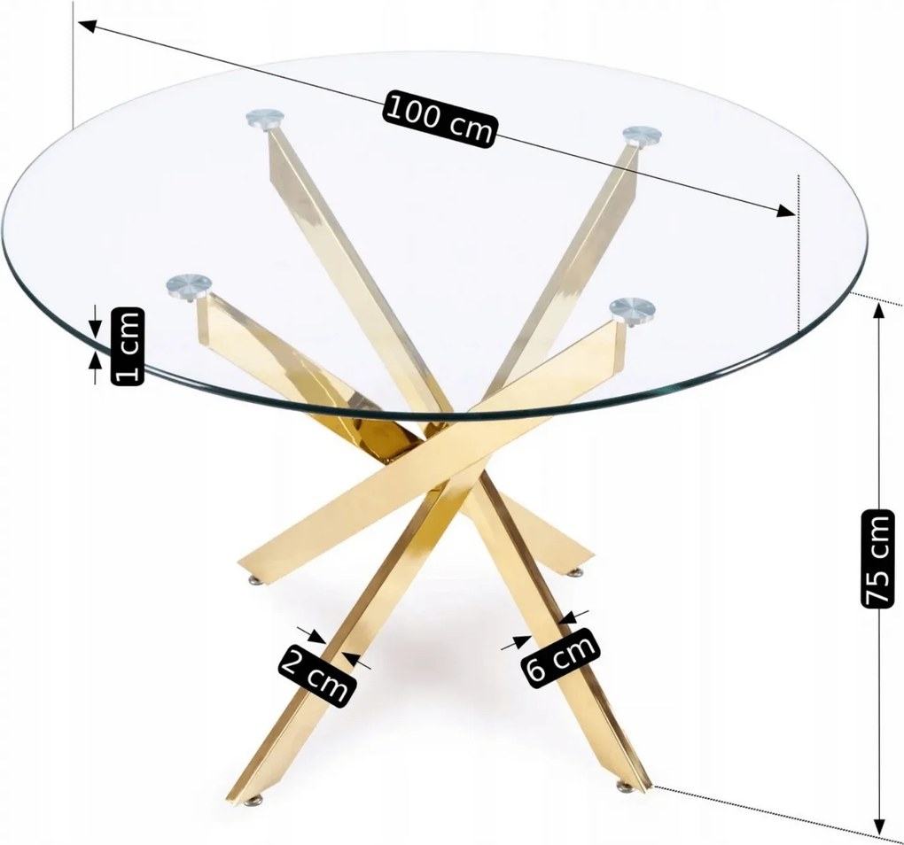 Stół Okrągły Szklany SALLO 100 cm ze Złotymi Nogami Nowoczesny Glamour