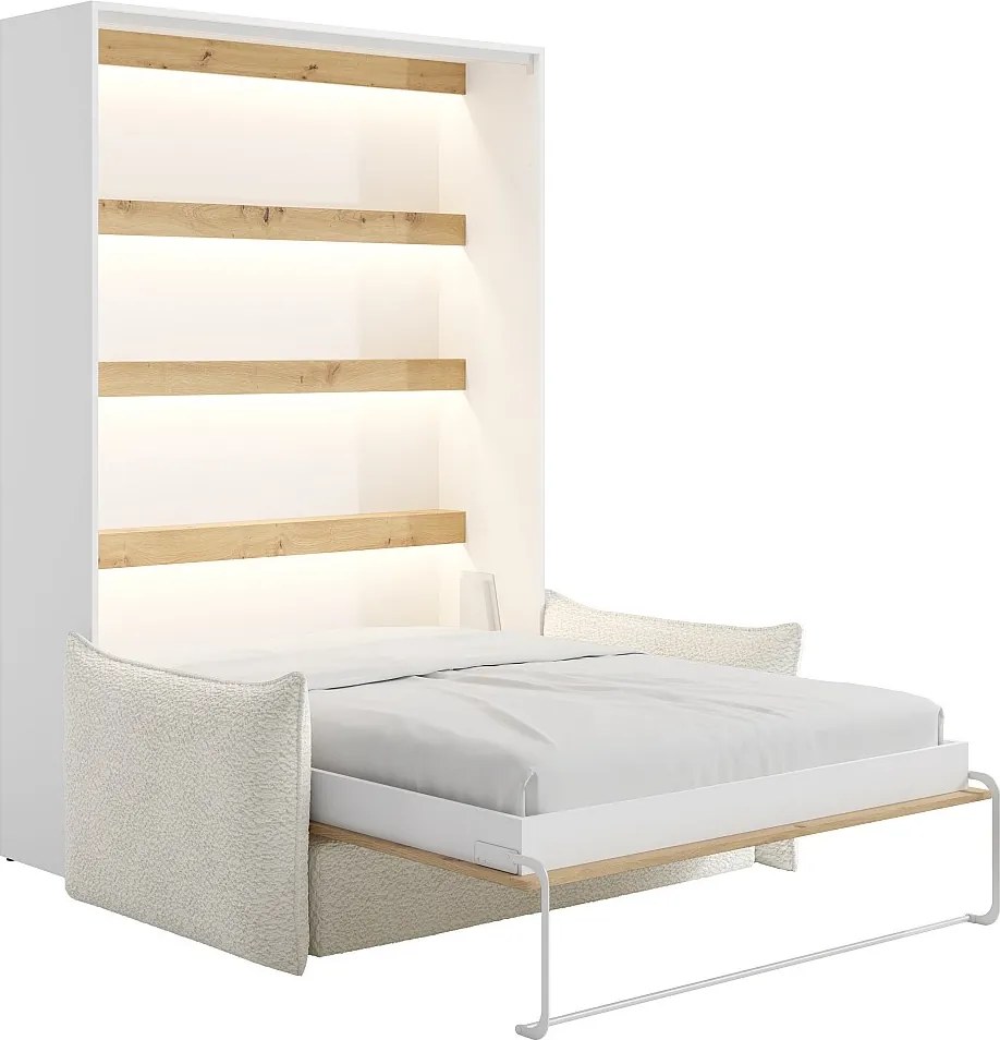 Łóżko chowane w szafie 140 x 200 cm - Ręczne otwieranie pionowe - Z LEDami - Białe i naturalne + kanapa + Materac - RAPILI