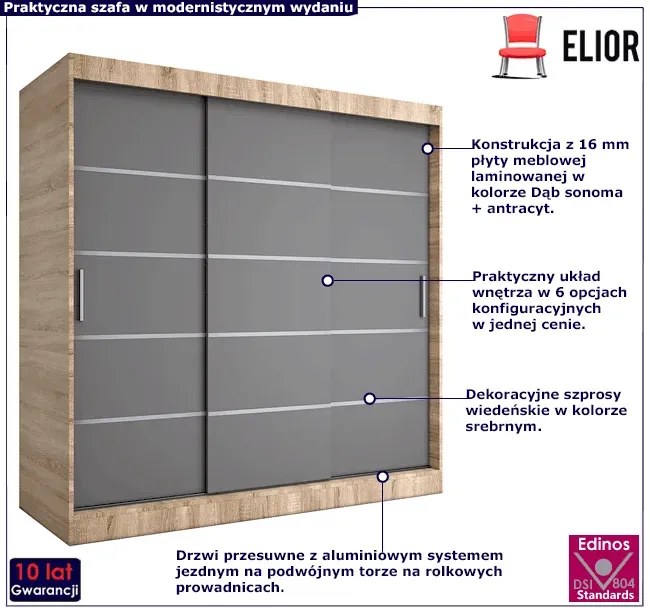 Szafa przesuwna dąb sonoma + antracyt 200 cm - Bohosa 6X