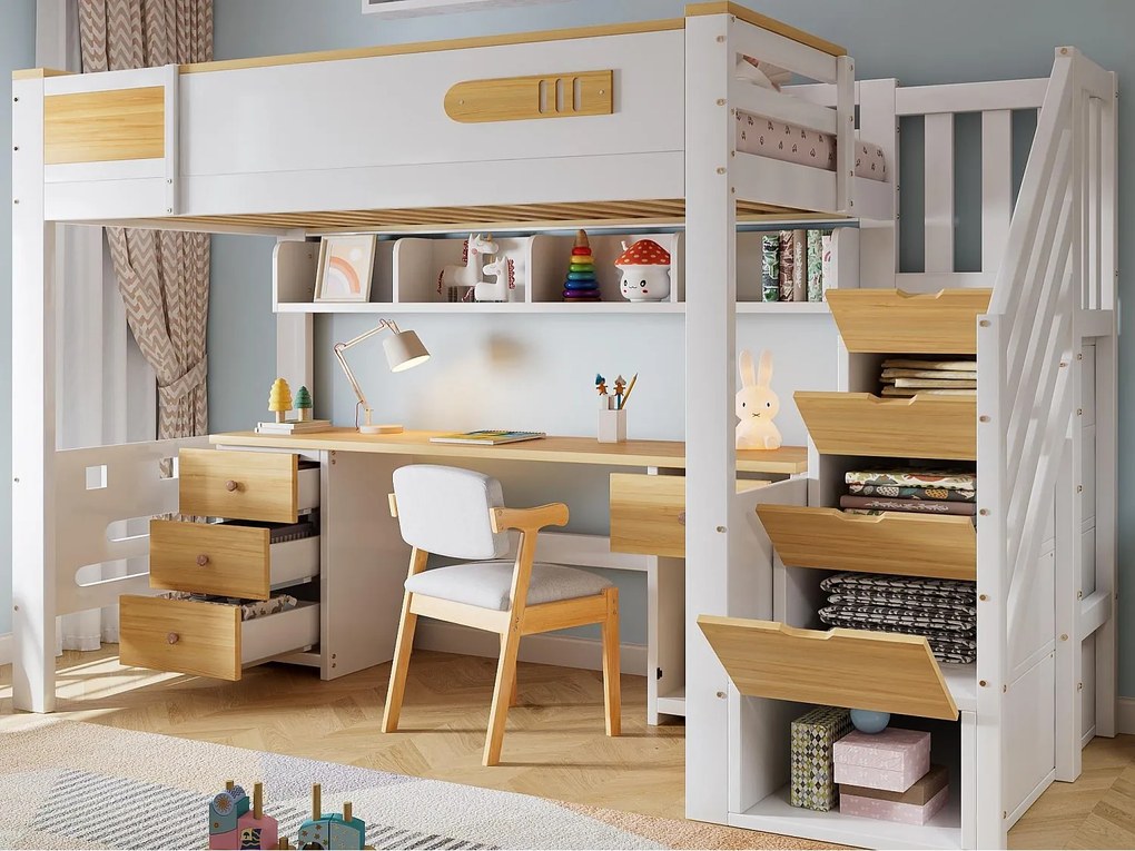 Łóżko antresolowe dziecięce 90x200 cm - z biurkiem i szufladami - schody z miejscem do przechowywania - lite drewno + MDF - Biały + Naturalny (bez materaca)