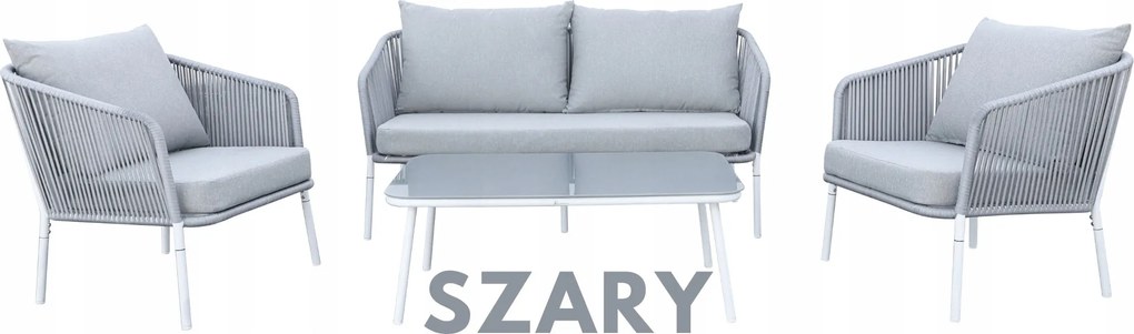 Zestaw mebli ogrodowych szary aluminium sofa fotele stolik sznurowanie