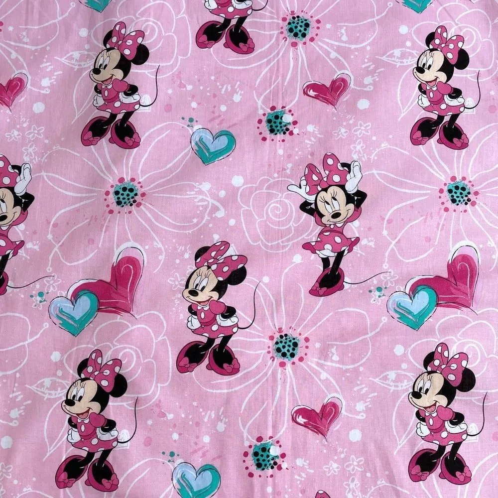 Różowe bawełniane prześcieradło dziecięce z gumką 90x200 cm Minnie "Flowers" – Jerry Fabrics