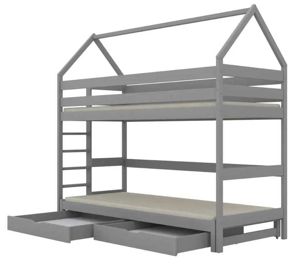 Łóżko piętrowe domek TOBI 1 160x80 szare drewniane z szufladami KOCOT KIDS