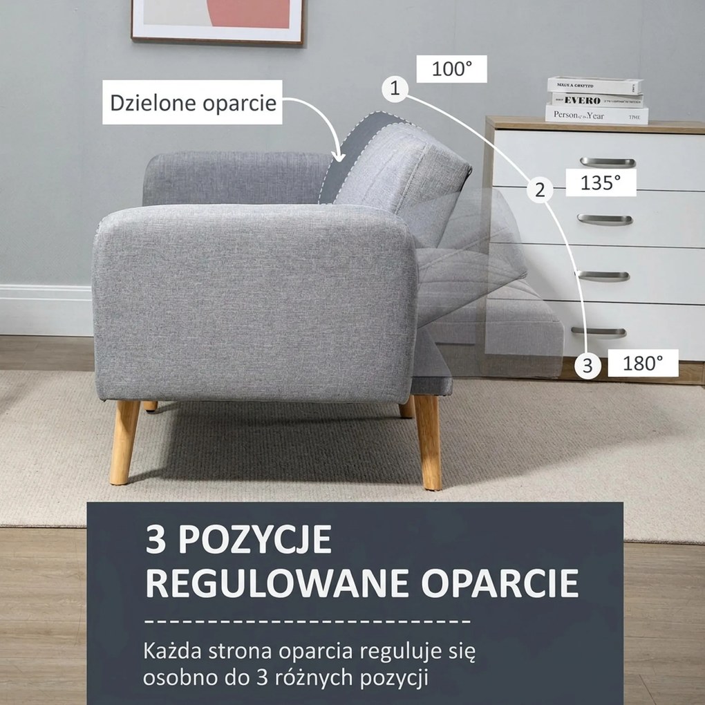 HOMCOM Sofa do spania, dwuosobowa sofa materiałowa, z funkcją spania, polyester stylizowany na len, drewno kauczukowe, 173 x 75 x 73 cm, szara