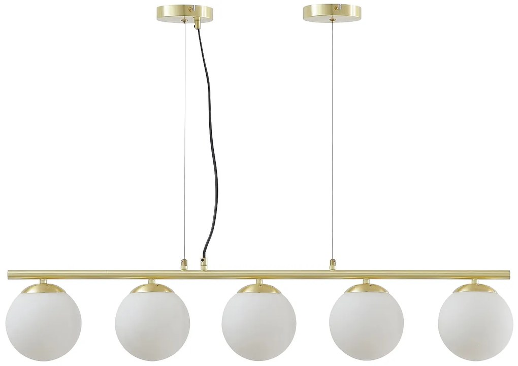 Żyrandol, metalowo-szklany z białymi kloszami - 5 kulistych kloszy - dł. 100 x wys. 120 cm - Złocony - SOFIA
