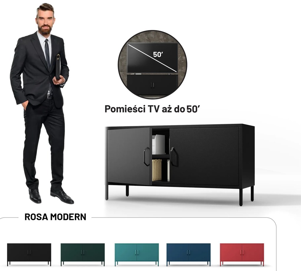 Szafka RTV metalowa na nóżkach czarna, 1150x595x400 mm: ROSA Modern