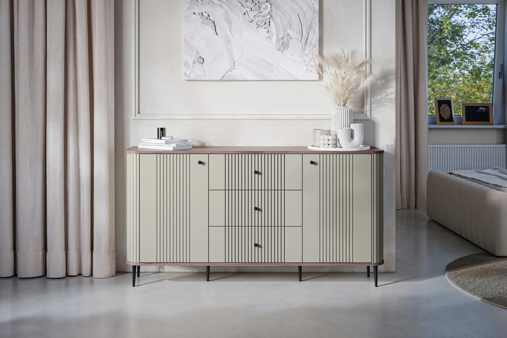 Komoda Vesper 160 cm z szufladami na nóżkach - kaszmir / orzech / czarne nogi