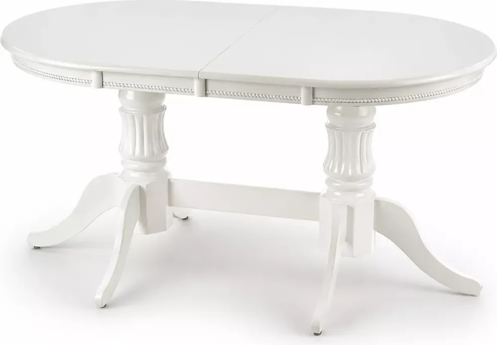Biały stół Celeste 150-190x90 – elegancki owalny rozkładany stół z MDF lakierowanego na drewinaych rzeźbionych nogach
