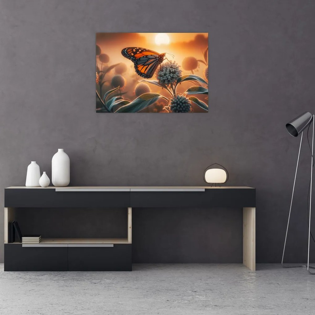 Obraz na szkle – Motyl w zachodzącym słońcu (70x50 cm)