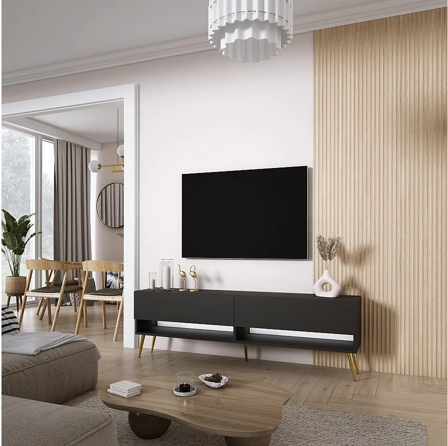 Szafka pod telewizor 170 cm Czarny Mat, nóżki pochyłe złote, LED biały, 170 × 32 × 52 cm