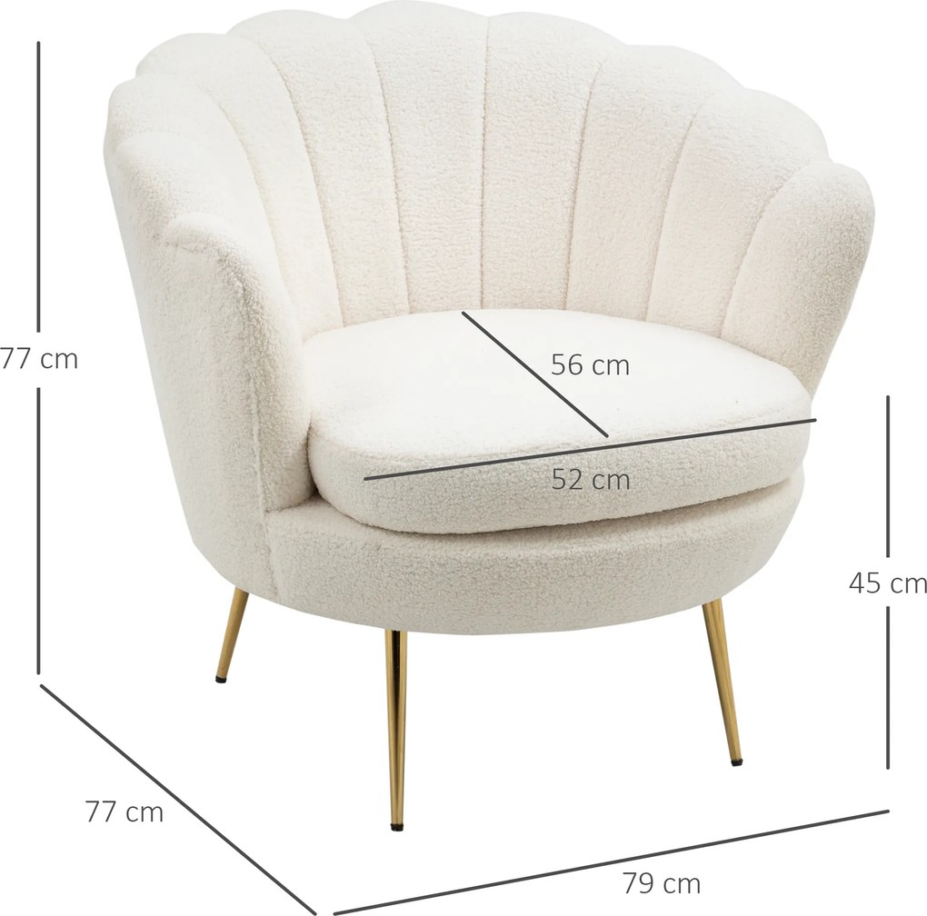 HOMCOM Fotel obity w kształcie muszli, Fotel relaksacyjny, Fotel do odpoczynku, Metalowe nogi w złotym kolorze, 79Dł x 77Szer x 77Wys cm, Biały