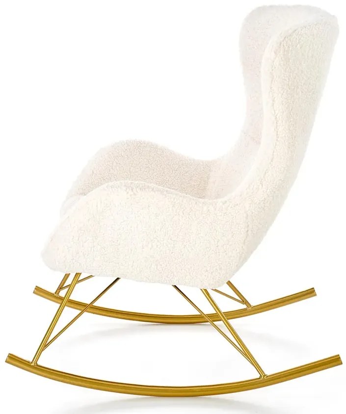 Kremowy fotel bujany boucle na złotej podstawie A7-R93