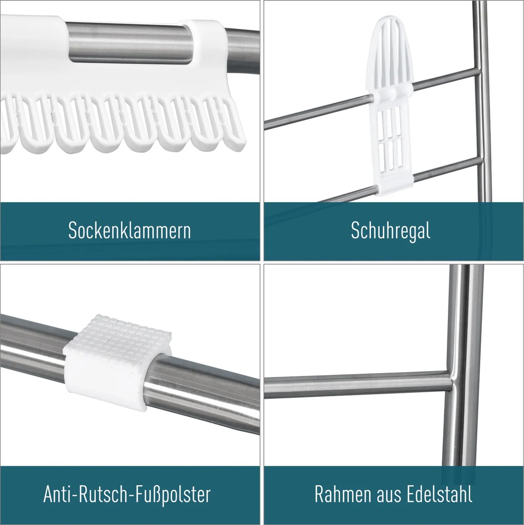 Składana suszarka do ubrań HOMCOM, przenośny suszarka na skrzydła, suszarka stojąca z teleskopowymi drążkami, stal nierdzewna, plastik, Srebrny, Biały, 60,5 x 148 x 98 cm