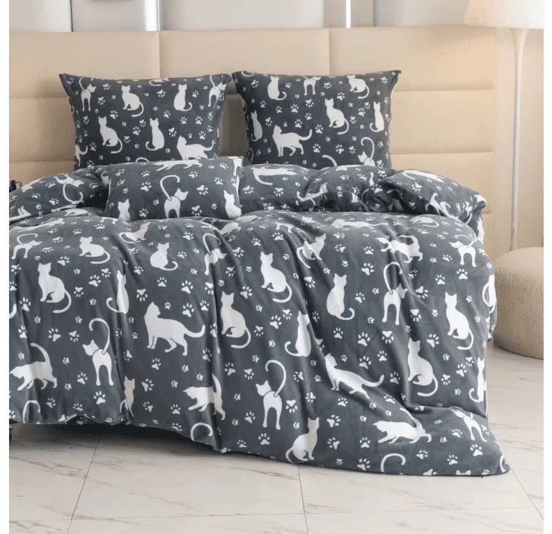 PrzytulneMieszkanie.pl PrzytulneMieszkanie.pl Pościel z mikropluszu BIAŁE KOTY szare Rozmiar pościeli: 2 szt 70 x 90 cm | 200 x 220 cm