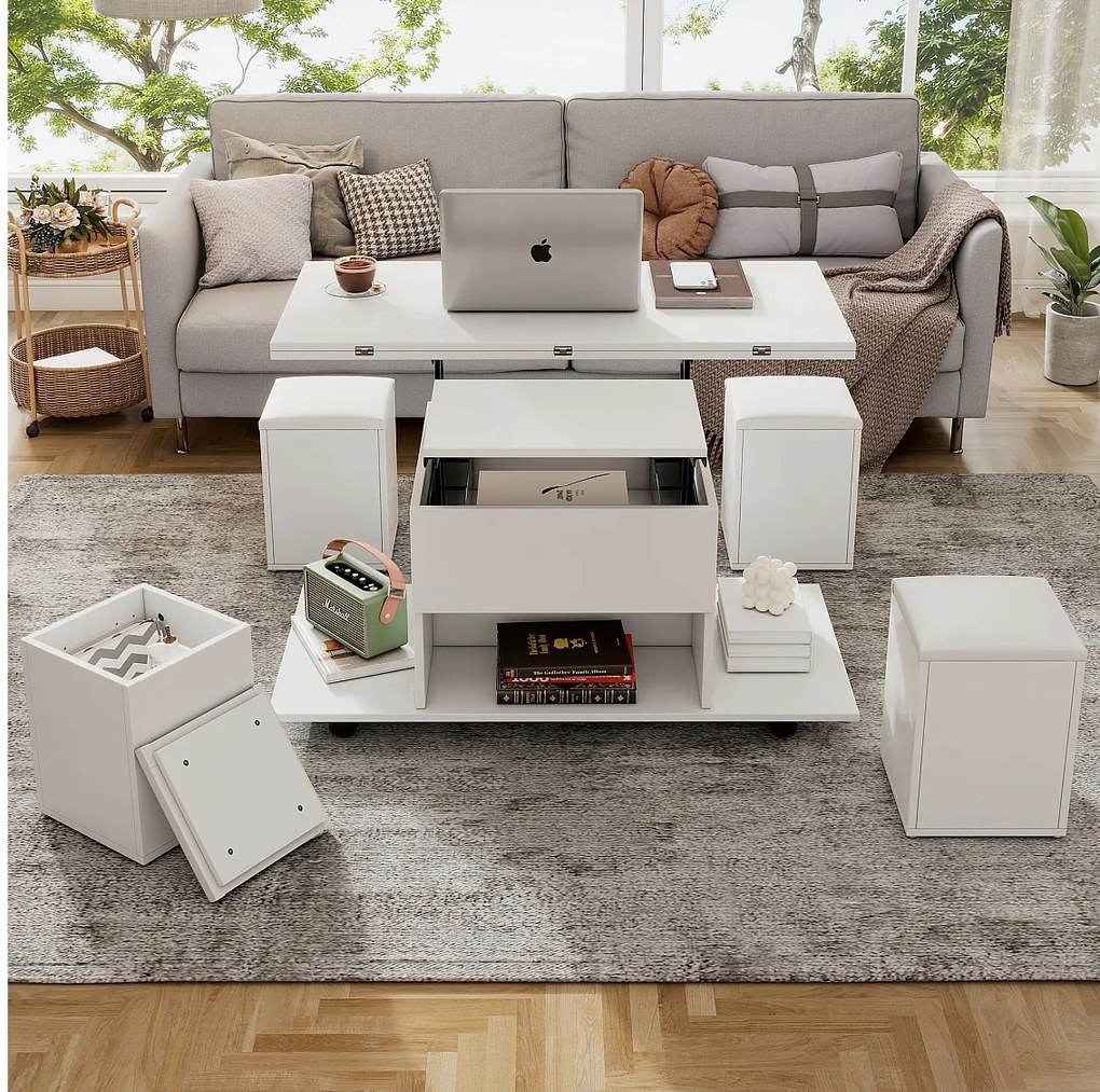 Podnoszony stolik kawowy z 4 stołkami i 2 stolikami - 100 x 50 x 48 cm - Płyta wiórowa - Biały