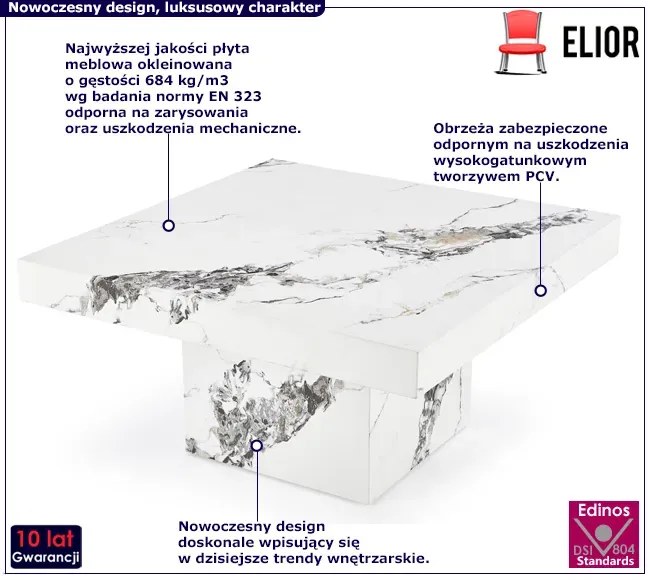 Biały kwadratowy stolik kawowy imitujący marmur - Parvat