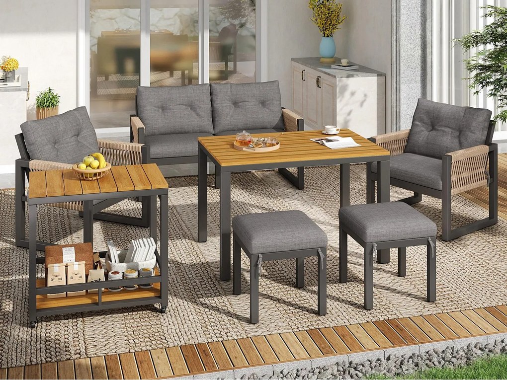 Zestaw jadalniany ogrodowy 6 osób - 4 fotele - 1 stół - 2 taborety - z żelaza ocynkowanego - w zdejmowalnym i zmywalnym materiale - Szary