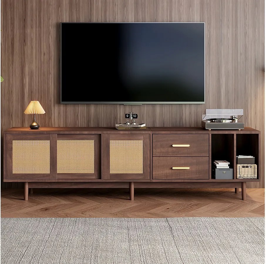 Niski stojak pod TV - 190 x 40 x 52 cm - z 3 drzwiami + 2 szufladami - do telewizorów 75-calowych - MDF - brązowy