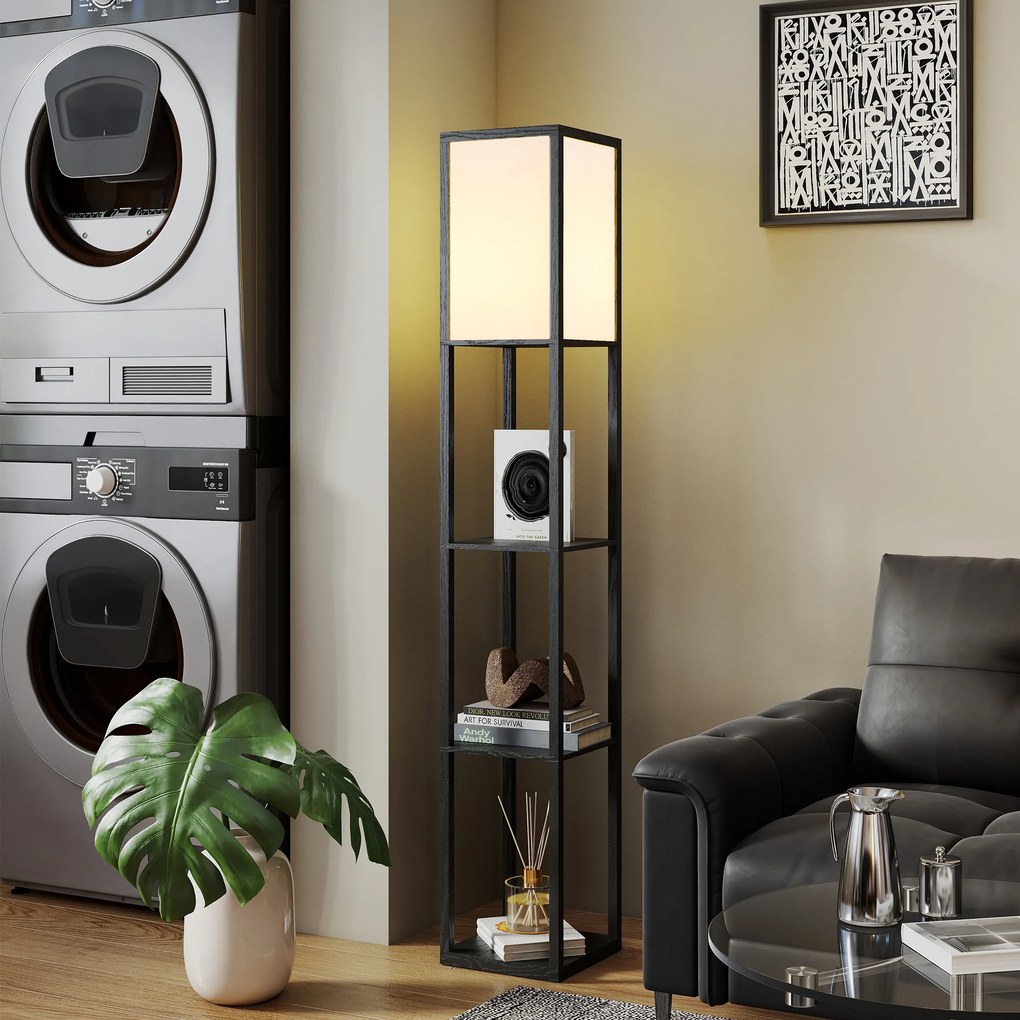 HOMCOM LED Lampa stojąca z 3 półkami, lampa podłogowa z przełącznikiem nożnym, oprawka E27, czarna | Aosom PL