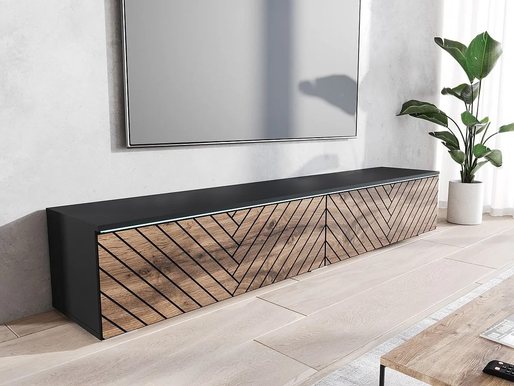 Nowoczesna szafka RTV 180 cm do salonu z LED – 2-drzwiowa, bezuchwytowa, czarny mat, stojąca lub wisząca, fronty wotan MDF jodełka