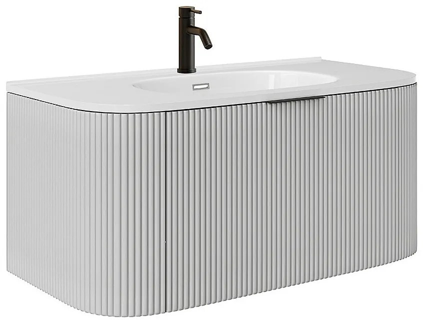 Podwieszana szafka łazienkowa prążkowana z umywalką nablatową i kranem – Matowa zieleń – 100 cm – LOMERI - Biały mat - 100 cm - LOMERI