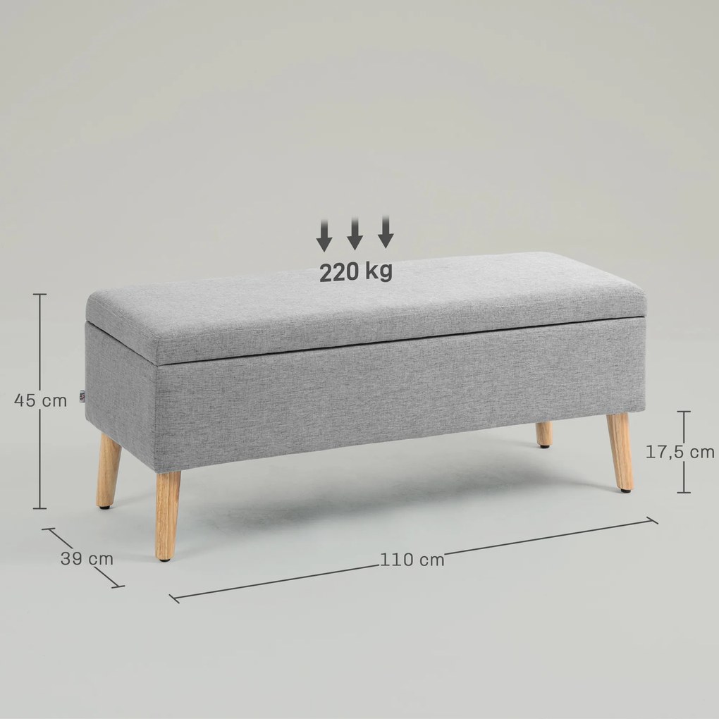 HOMCOM Ławka tapicerowana z przestrzenią do przechowywania, wykończenie w wyglądzie lnu, nogi z drewna kauczukowego, do 220 kg, 110x39x45cm, szara